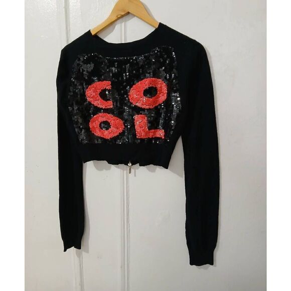 Who's who womens small cashmere wool angora black pink full zip sweater sequin - Picture 5 of 9